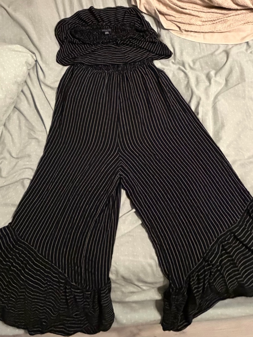 American Eagle Outfitters Black Pinstripe Strapless Wide-Leg Jumpsuit